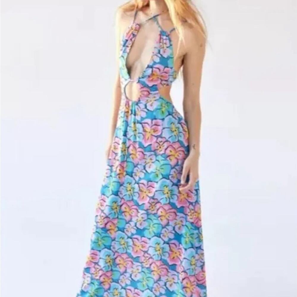 NWT For Love & Lemons Yasmin Open Back Floral Maxi Halter Dress Sz M